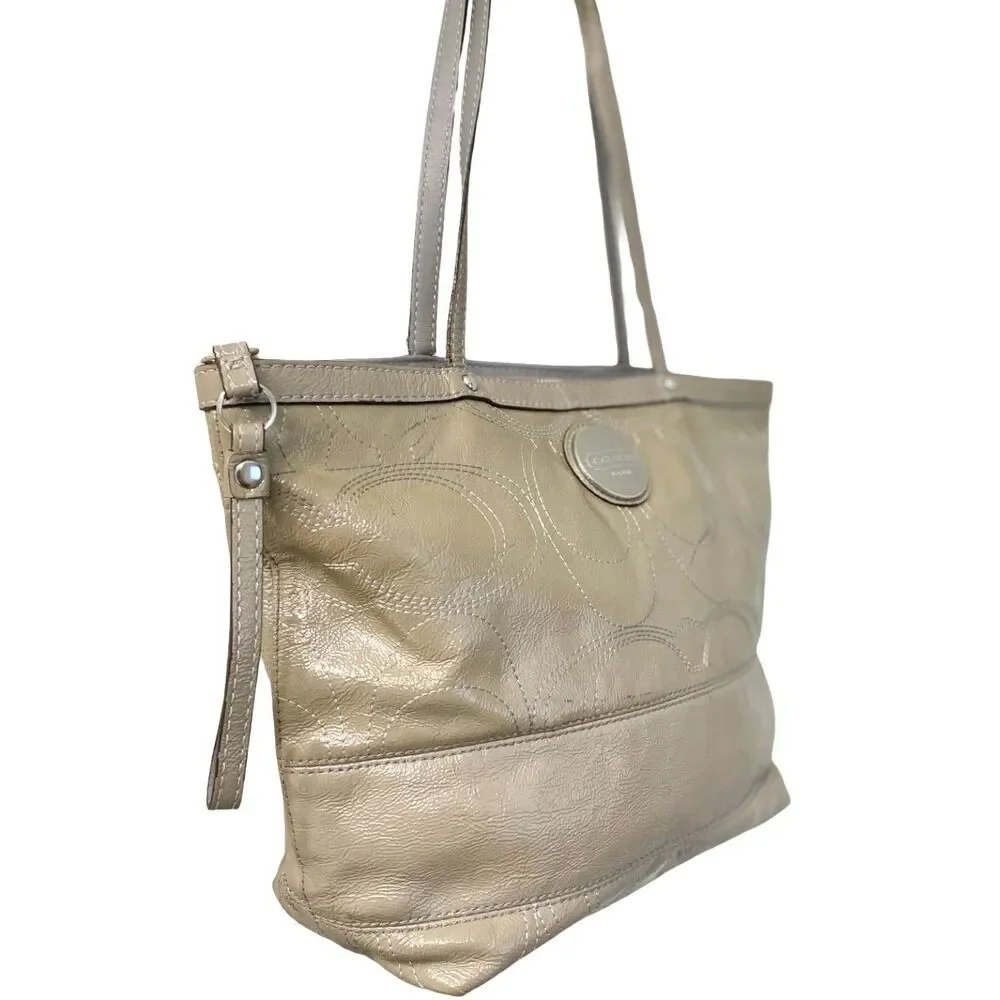 Coach Signature Stripe Patent Leather Tote Shoulder Bag Taupe Grey F15142
